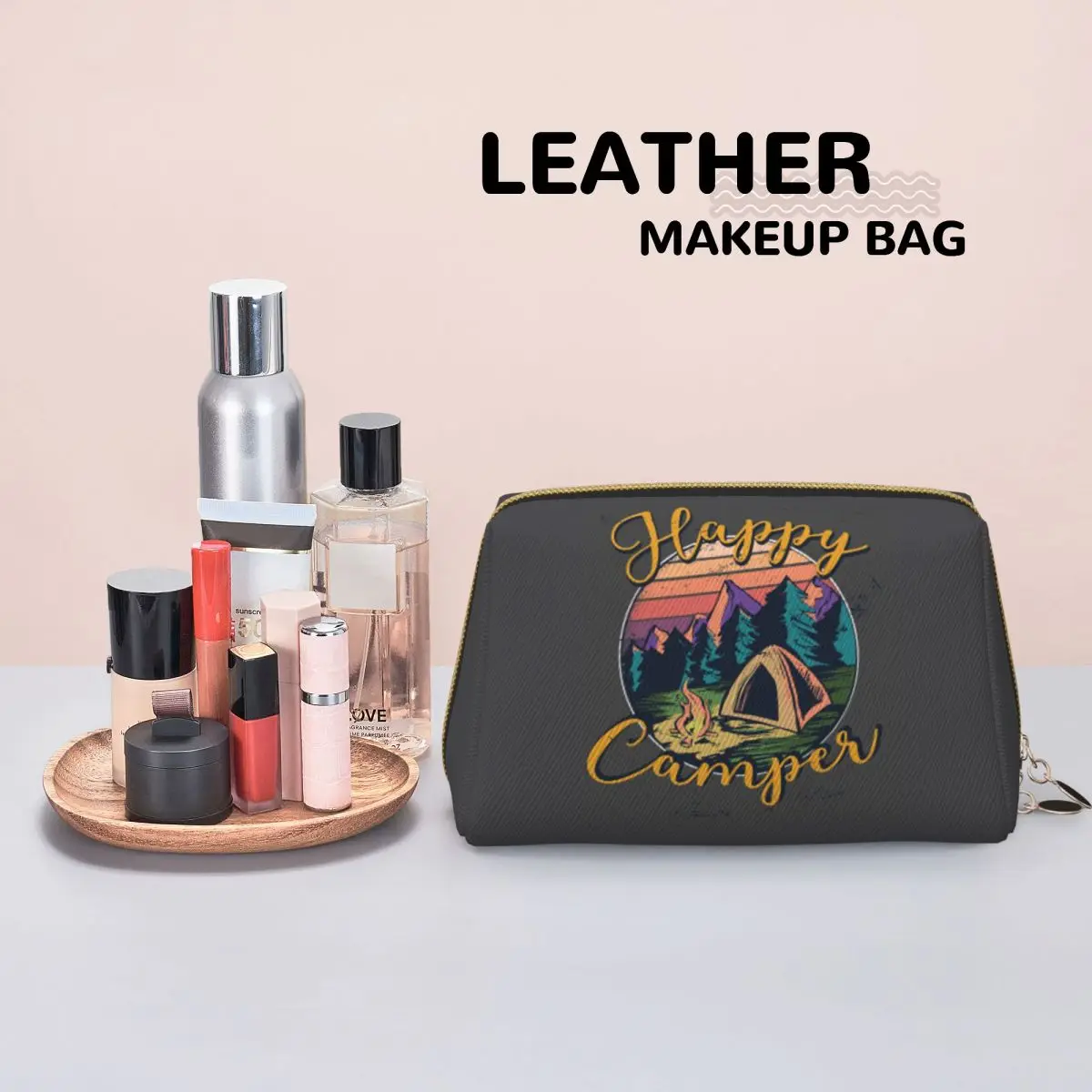 Happy Camper Camping Lover Design Women Cosmetic Bags Travel Makeup Organizer Pouch Toiletry Storage Dopp Kit Case