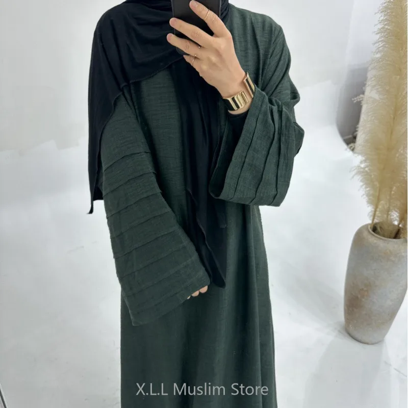 Eid Muslim Ramadan Abaya Pleated Sleeve Lace-up Kaftan Dubai 2024 Luxury Dress Modest Women's Prayer Garment Robe Femme Musulane