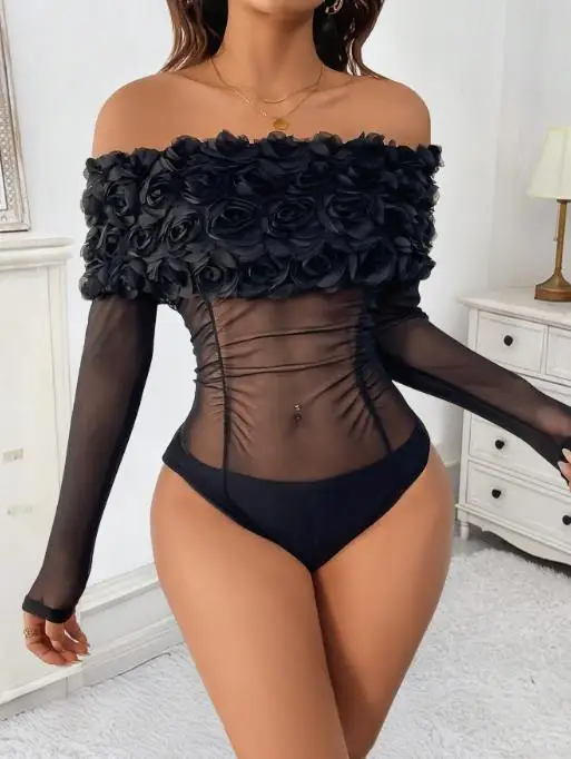 

Women's Jumpsuit Summer New Fashionable and Sexy Style 3D Rose Splicing Design One-Piece Neck See Through Mesh Tight Jumpsuit