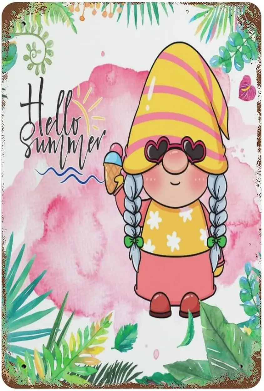 Hello Summer Tin Signs Gnomes Popsicle Ice Cream Retro Metal Vintage Tin Sign Wall Decor Man Cave Bar 12