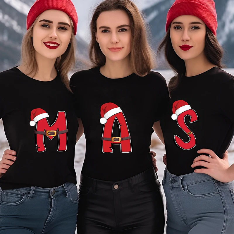 New 26 A~Z Christmas Alphabet Tees Women Casual Fashion T-shirt Short Sleeve Xmas Party Aesthetics Tops with Santa Hat Gift