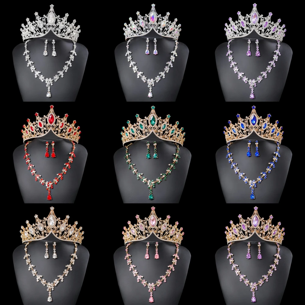 

Набор из 3 предметов: колье, серьги и корона с кристаллами, свадебный комплект украшений с камнями, аксессуары для волос, корона-тиара, подарок