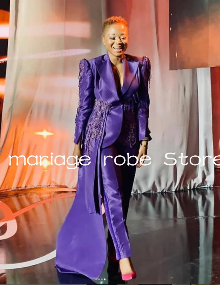 Paarse Aso Ebi jumpsuit galajurken met zijsleep lange mouwen sprankelend kristal op maat gemaakte avondjurk met V-hals broekpak