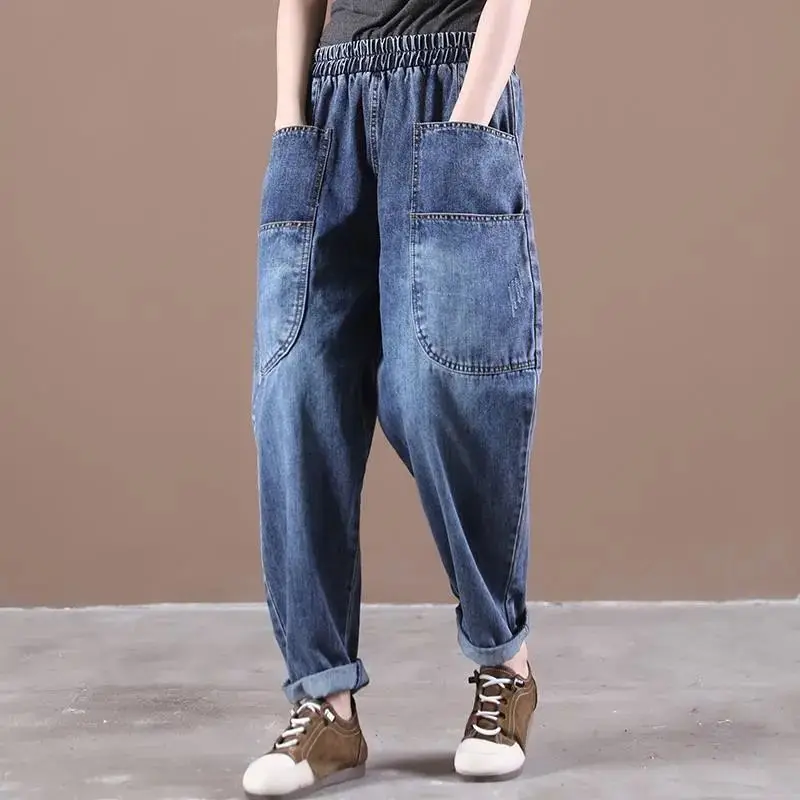 

Big Bag Elastic Waist Denim Harem Pants for Women New Korean Style Loose Slim Fat MM Personality Multi-pocket Jeans for Women