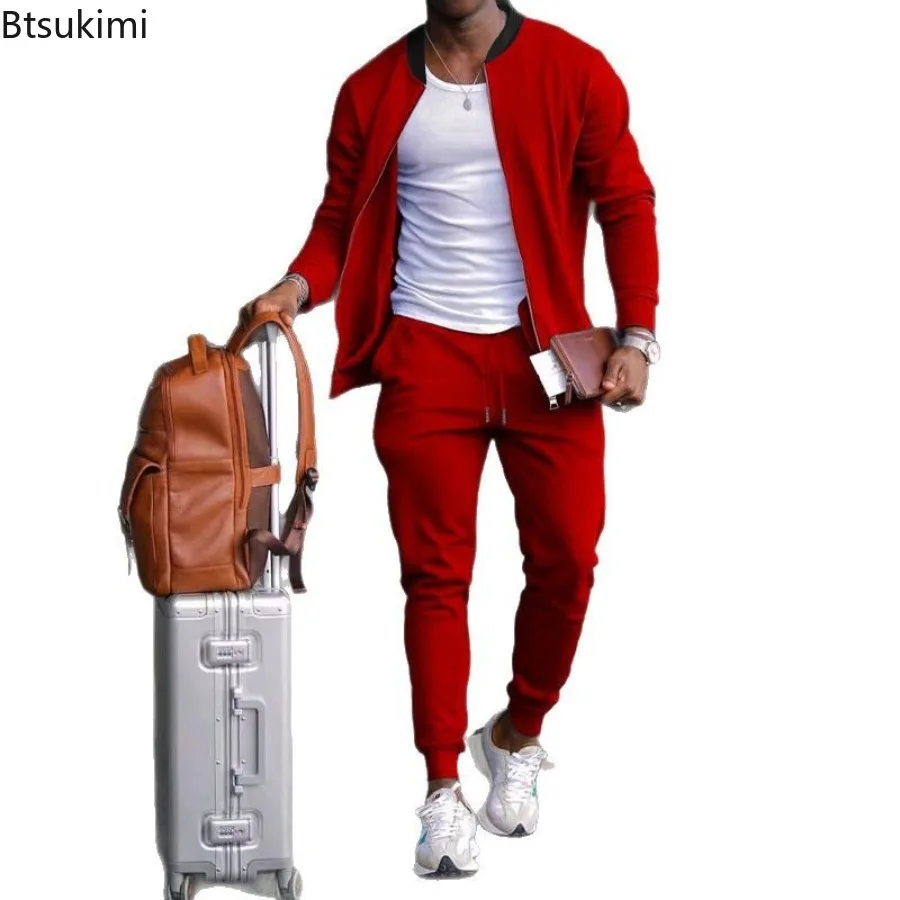 

2026 New Men's Fashion Business Casual Two-Piece Set Spring Waffle Zippered Shirt Coat and Trousers Trendy Fashionable Outfit