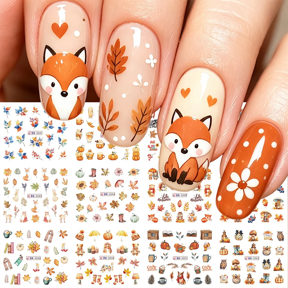 Fall Nail Art Stickers Autumn Maple Leaf Pumpkin Squirrel Nail Sliders Decals Thanksgiving Nail Water Transfer Stickers Manicure