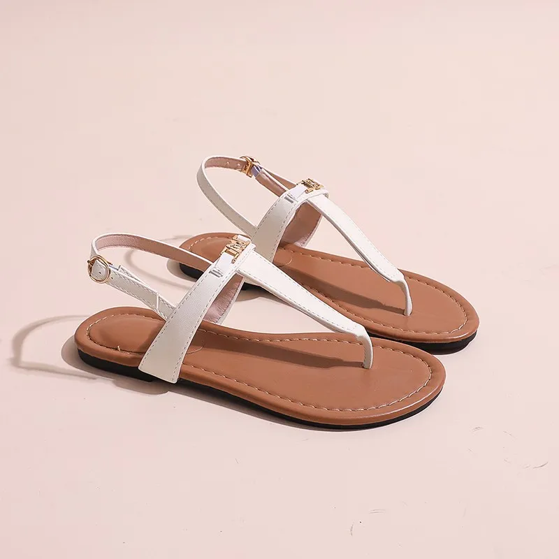 2024 High Quality Women\'s Shoes Summer New Women\'s Sandals Fashion Solid Color Thong Low Heel One-line Buckle Women\'s Sandals