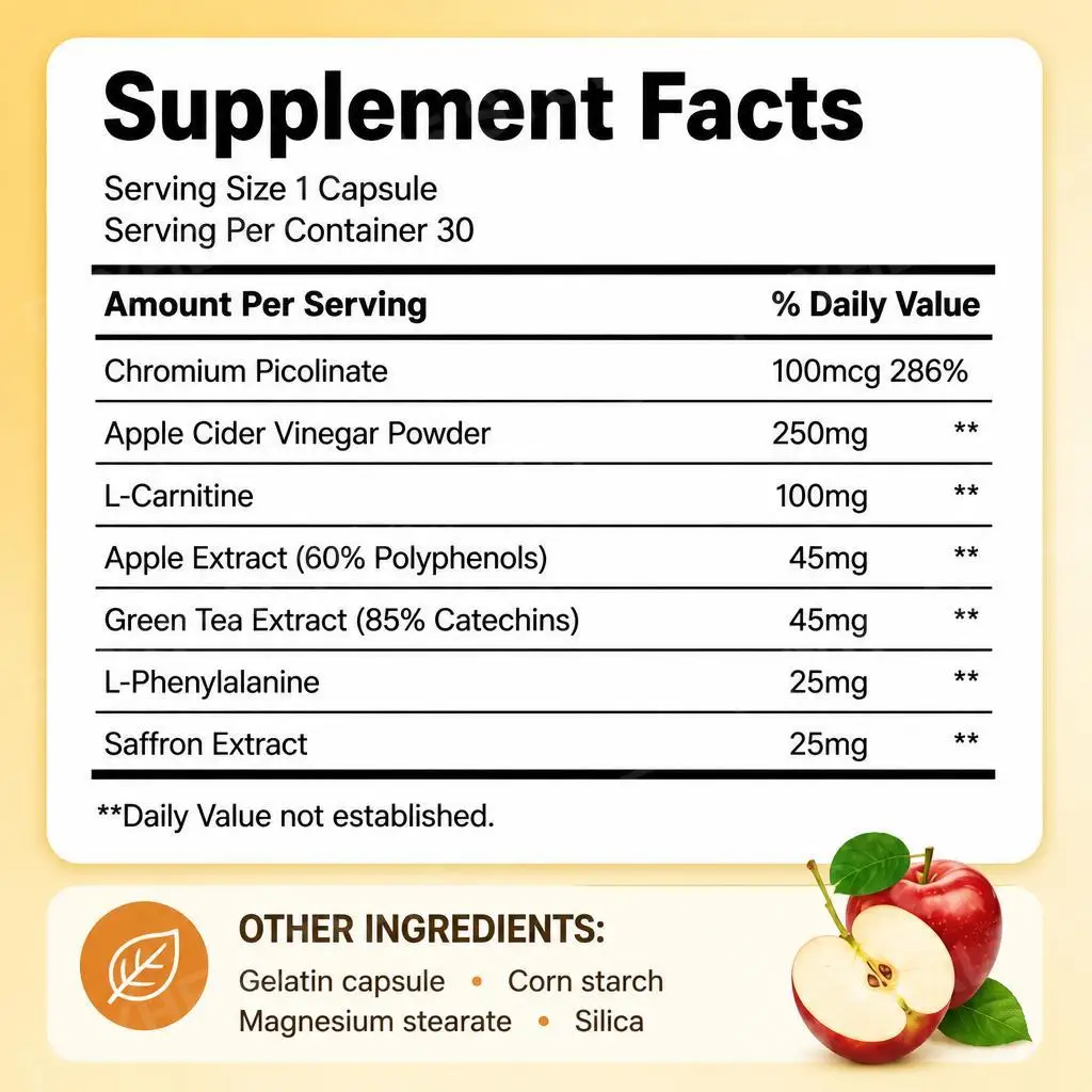 BushAid Apple Cider Vinegar Capsules with L-Carnitine, Chromium Picolinate, and Green Tea Extract (85% Catechins) 30 Capsules