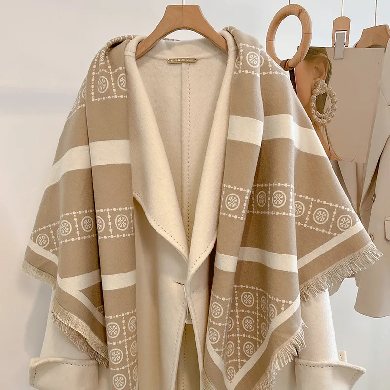 2026 New Large Scarf Shawl Women Outerwear Autumn Winter Thickened Warmth Cashmere Simulation Wrap Two-use Blanket Cloak