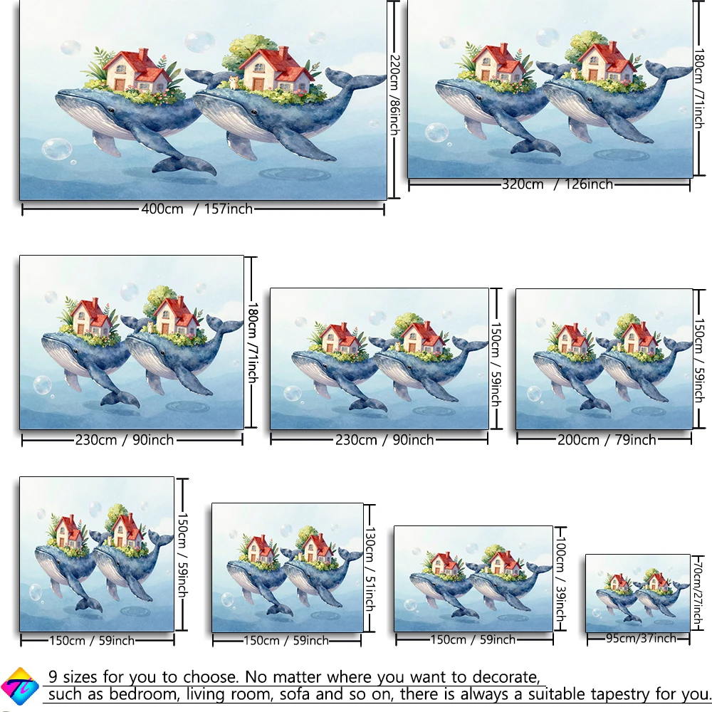 Whale cartoon house tapestry 2D printer washing suitable for bedroom, study, living room wall decoration