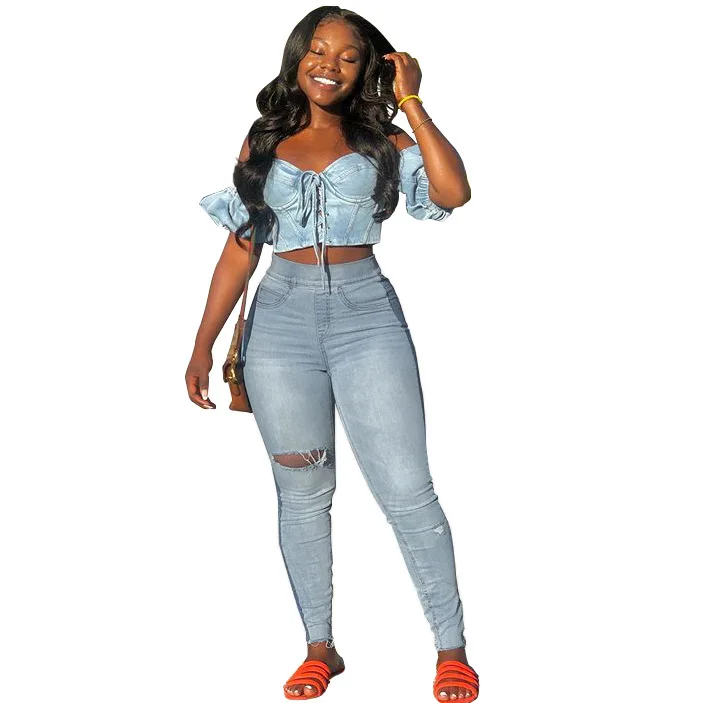 

Sexy Personality Knee Ripped High Waist Elastic Washed Denim Pants jeans women