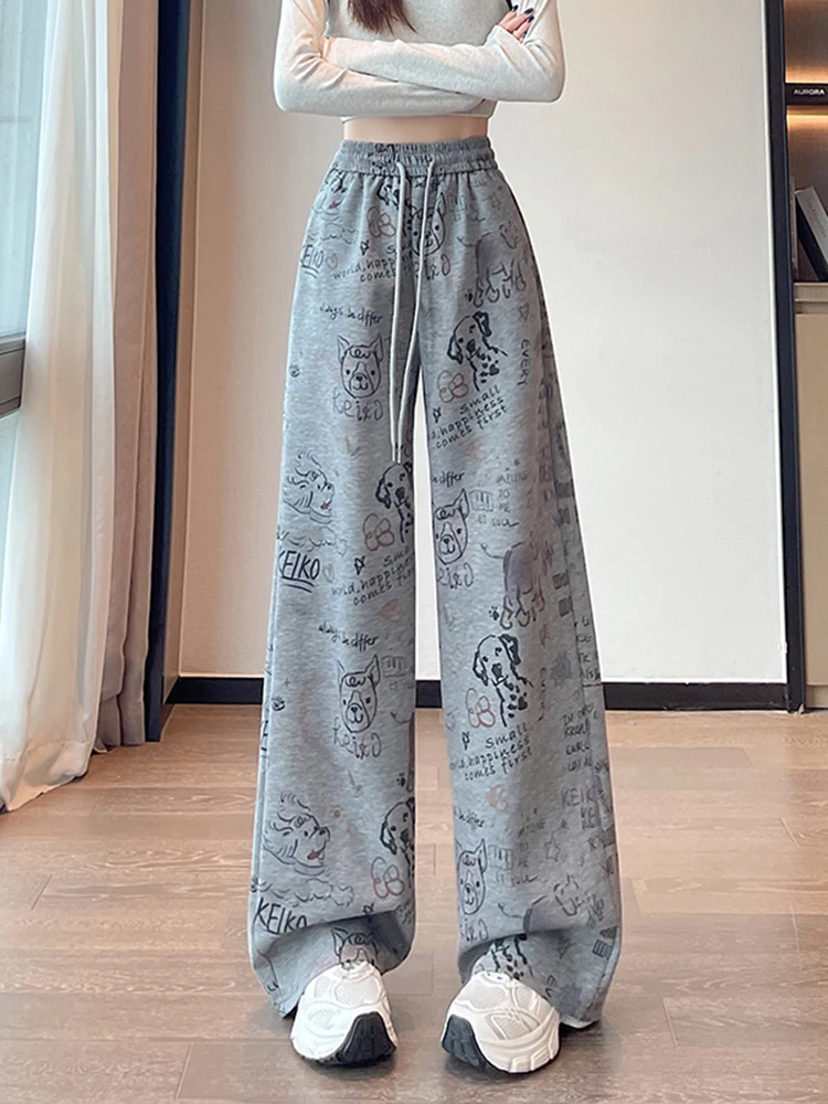 Cartoon fiti Print Wide Leg Pants Women's Casual Straight Cut High Waist Loose Fit Versatile Slimming Autumn Faion