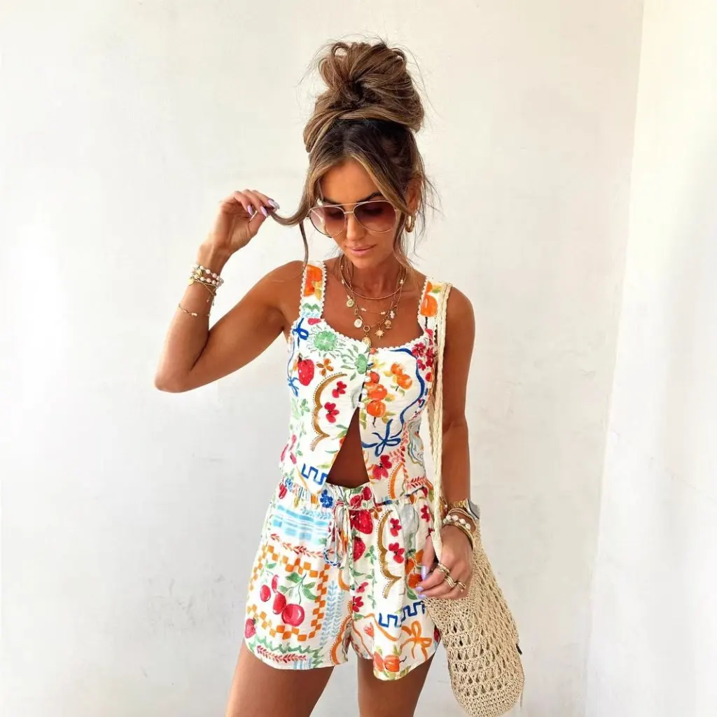 

Spring Summer New Women's Fashion Printed Cardigan with Pocket Suspender Shorts Set European American Style Trendy Outfit
