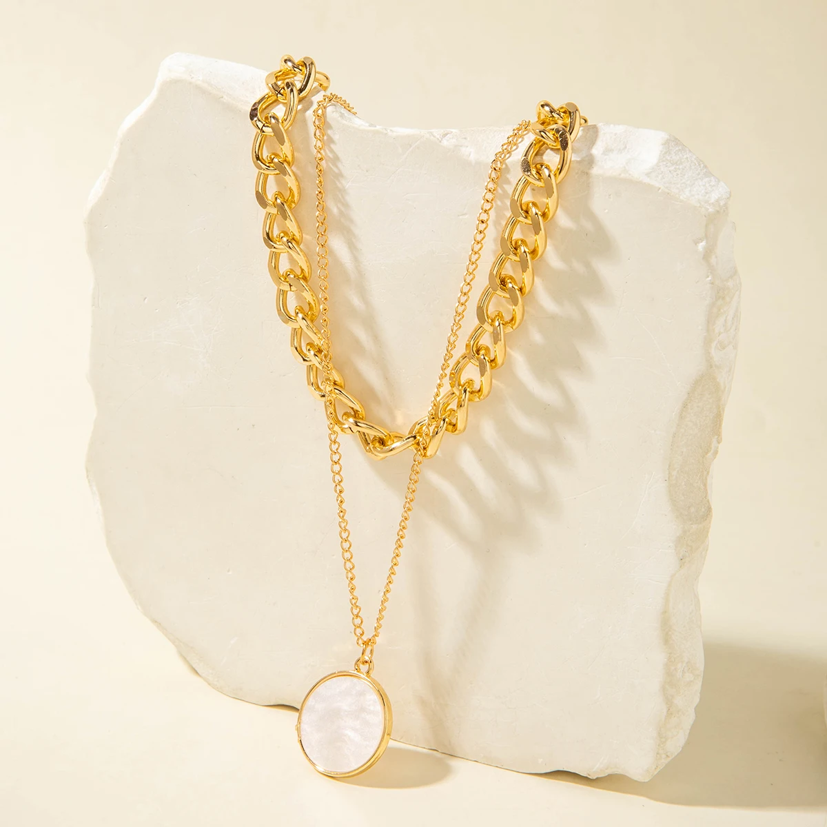 Docona Fashion Y2K Round Acrylic Pendant Gold Silver Stacked Cuban Thick Double Chain Women Neck Jewelry Festival Party Gift