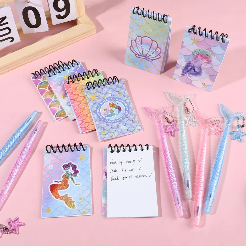 8/12set Mermaid Themed Stationery Set Mermaid Prints Notebooks Spiral Ballpoint Pens Kids Party Favors Classroom Student Gifts