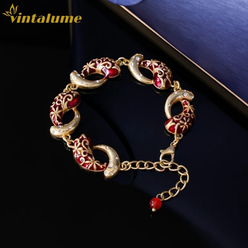 

Винтажный комплект украшений Vintalume: ожерелье, браслет и серьги с красной эмалью и фианитами в форме двойной рыбы, модный винтажный изящный подарок для женщин