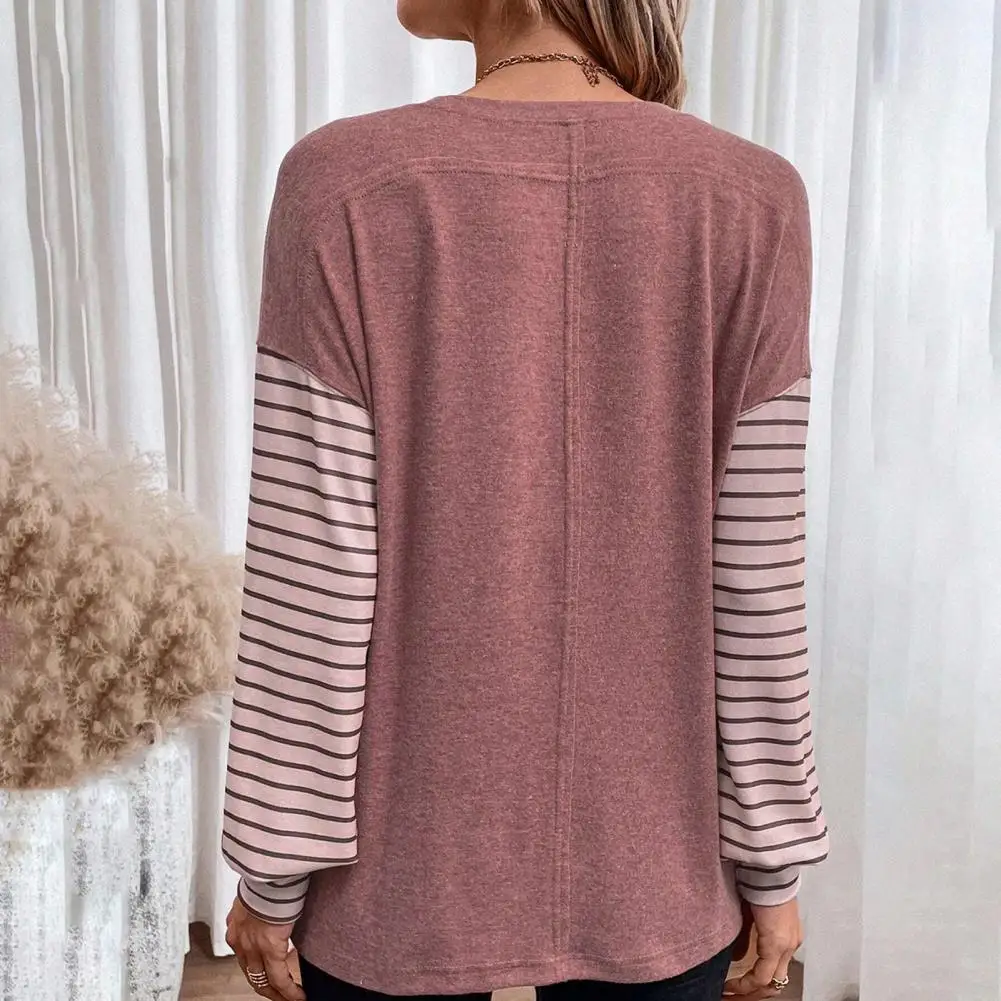 Loose T-shirt Breathable Top Striped Contrast Color Long Sleeve Tee Shirt for Women Loose Fit Pullover Top with Stretchy