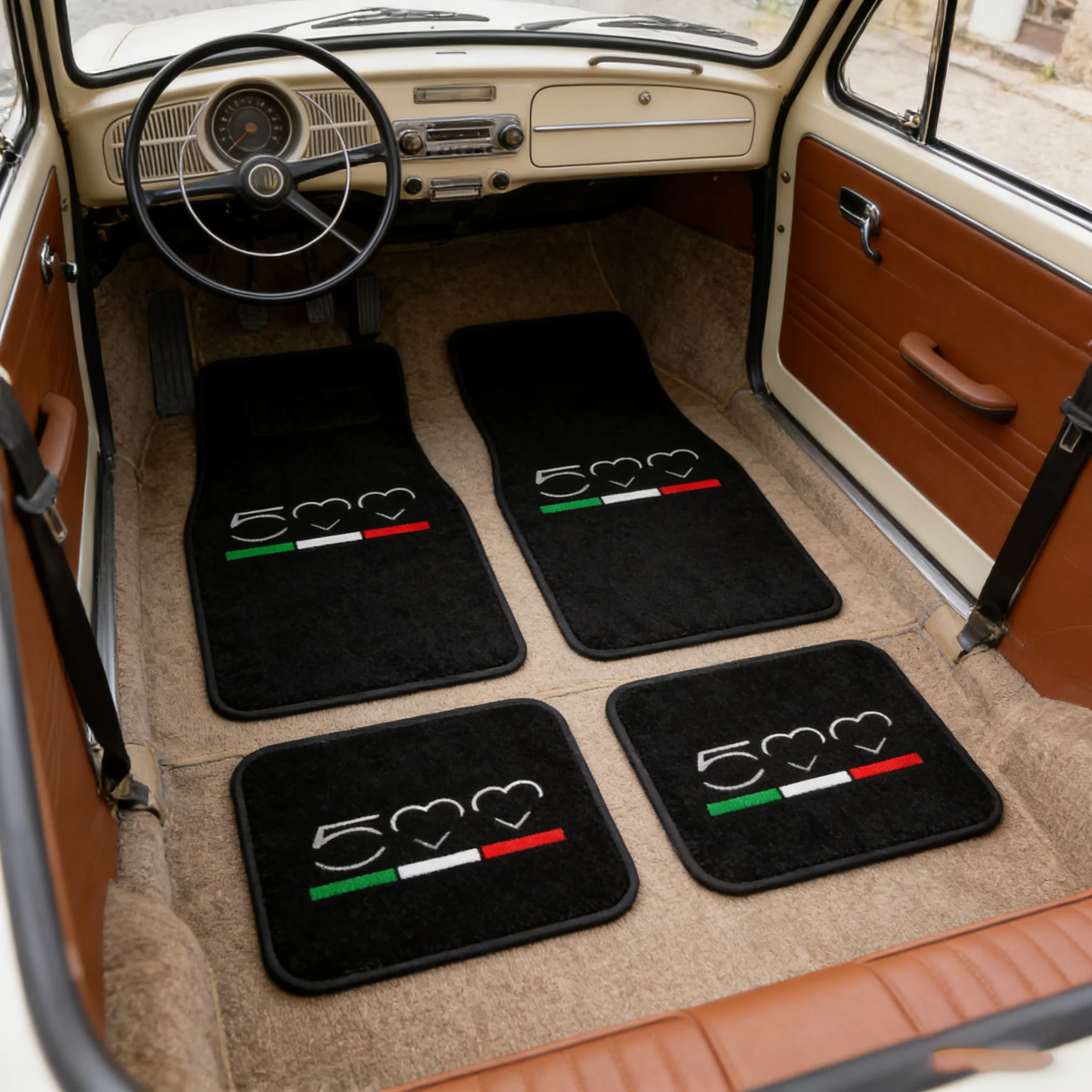 FIAT 500 Style Car Floor Mats 4Pcs, Minimalist Printed Design, Universal Adjustable All-Weather Protection