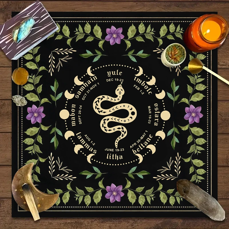 VIKAMA Black Cat Moon Magick Wheel of Year Tarot Altar Cloth Divination Mat Spiritual Witchcraft Astrology Decor