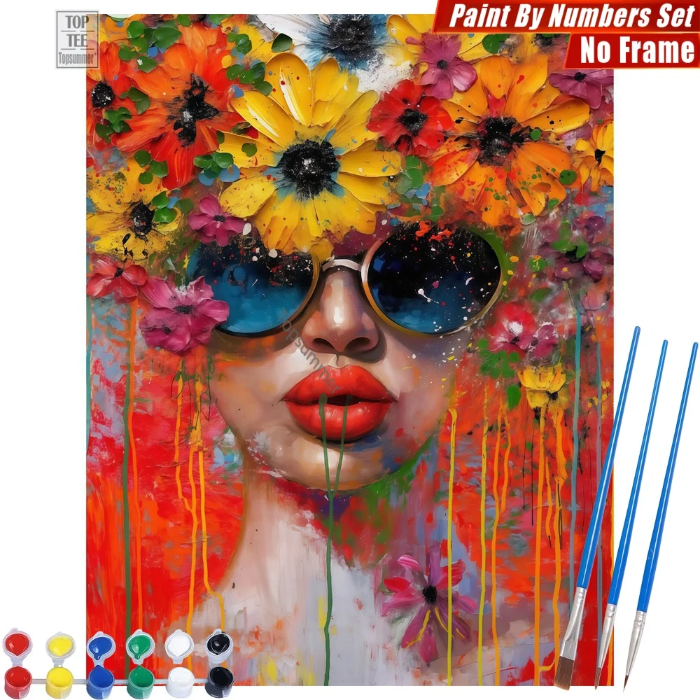 

Face Portrait Sunglasses DIY Paints By Numbers Kit - Extravagant Flower Headpiece Home Bedroom Decor Birthday Gift For Mom