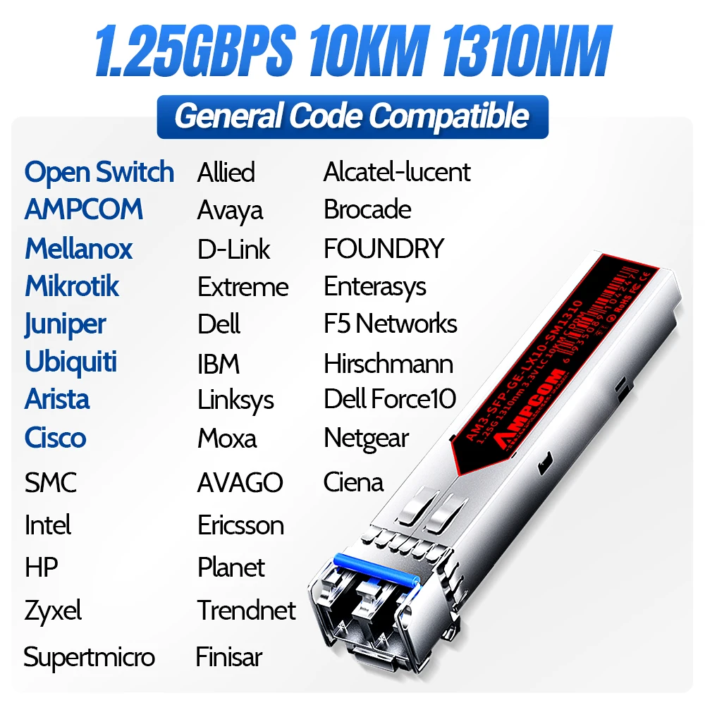 AMPCOM 1.25G SFP LC Transceiver Module Duplex Glasvezel 1000Base-LX/LH DDM 10KM/20KM/40KM/60KM/80KM