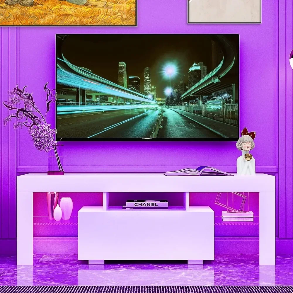 LED TV-standaard voor televisies tot 55 inch, modern entertainmentcentrum met opberglade en glazen plank, consoletafel wit