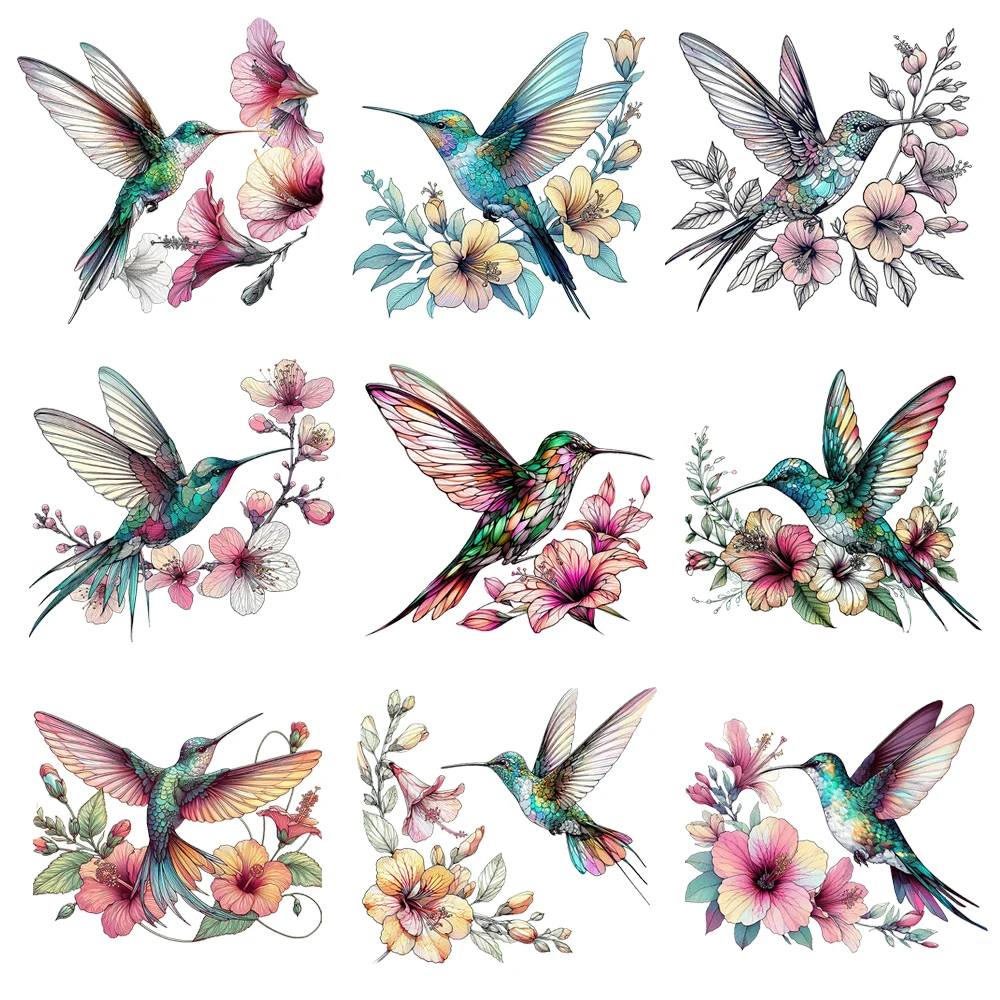 15cm Cute Flower Hummingbird Iron On Heat Transfer Sticker For Kids Clothes Pinted Vinyl Thermal Washable T-Shirt Appliques