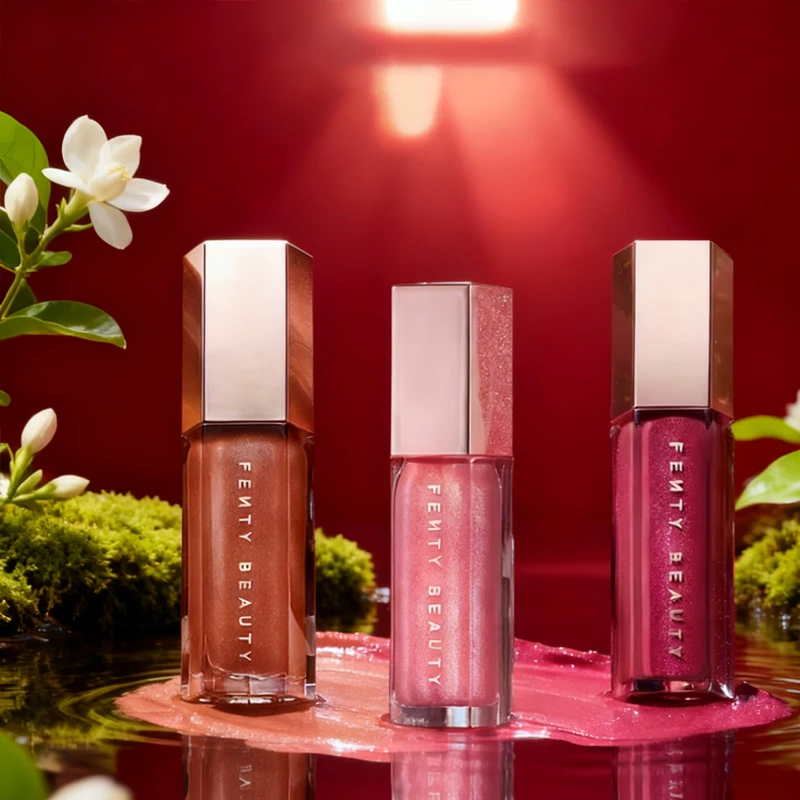 ملمع شفاه غني ناعم من فينتي بيوتي، ملمع شفاه عسلي أحمر، ملمع شفاه ستاردست، بودرة مضغوطة عارية، عصا كونتور ماسية ماسية