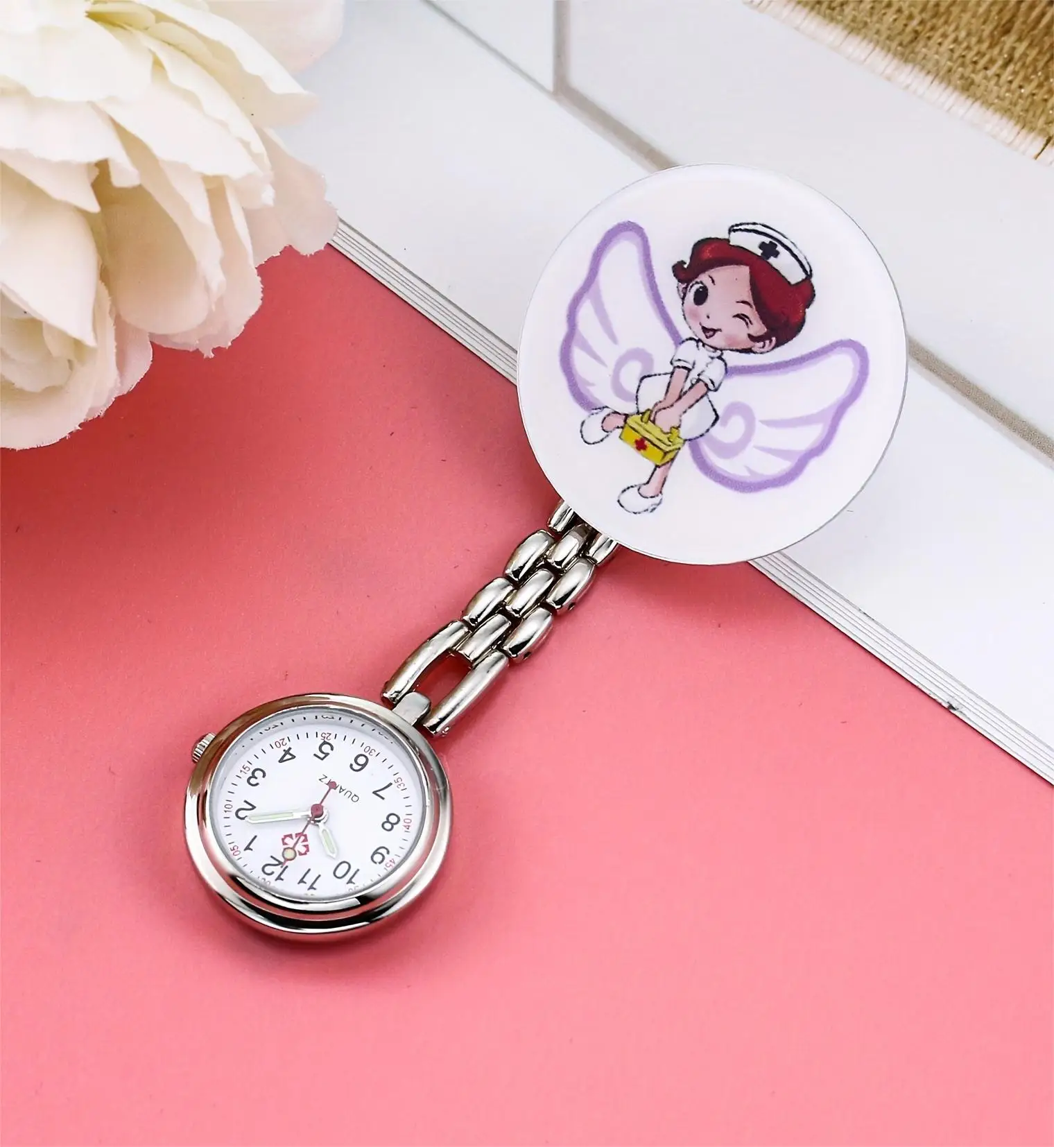 ساعة صدر ممرضة كرتونية ، ساعة ممرضة ، ساعة جيب ، ساعة معلقة ، ملاك طبي ، لطيف ، أنثى ، طالب ، فحص