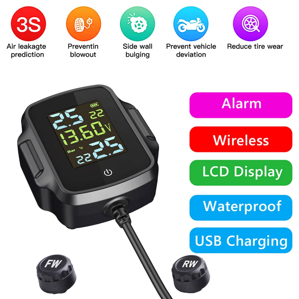 

Motorcycle Temperature Alarm System with QC 3.0 USB Charger TPMS Motorbike Tire Pressure Monitoring System Tyre for Phone Tablet
