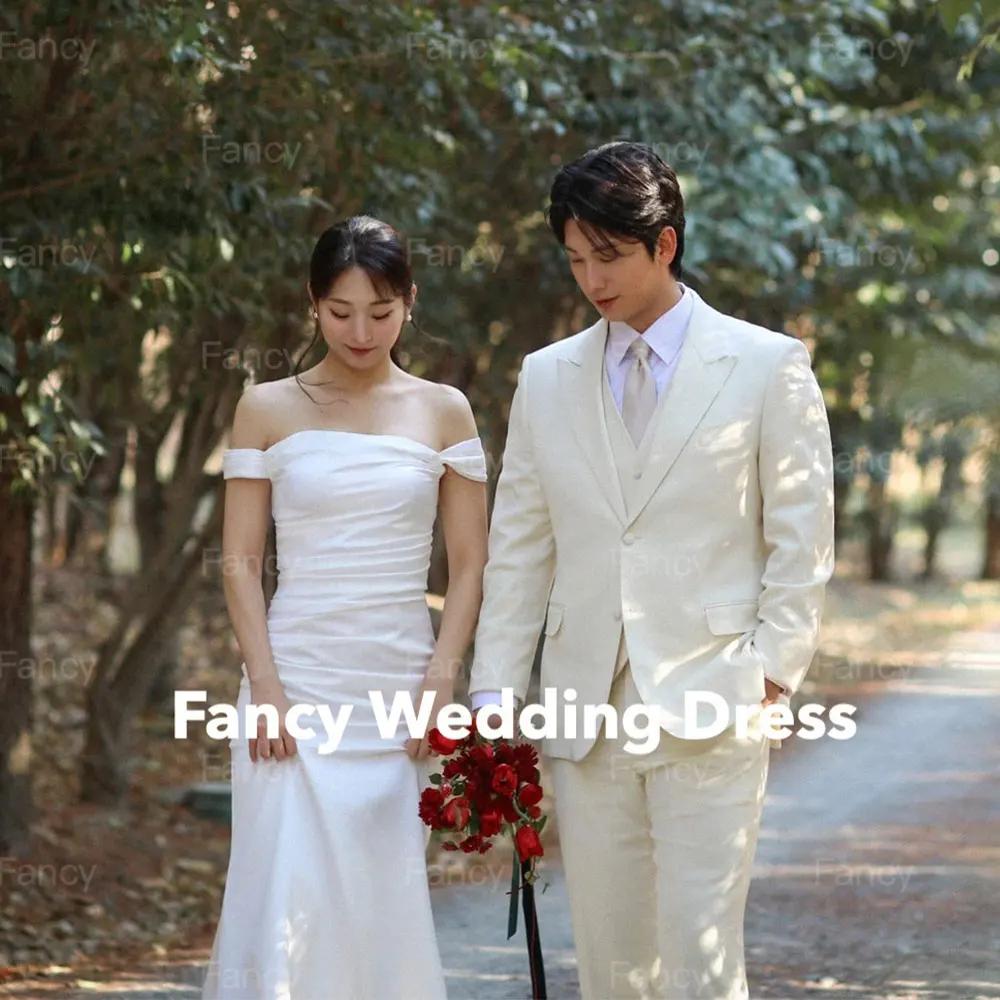

Fancy Simple Mermaid Korea Wedding Dress Photo Shoot Off Shoulder Soft Satin Bridal Gown Floor Length Customized