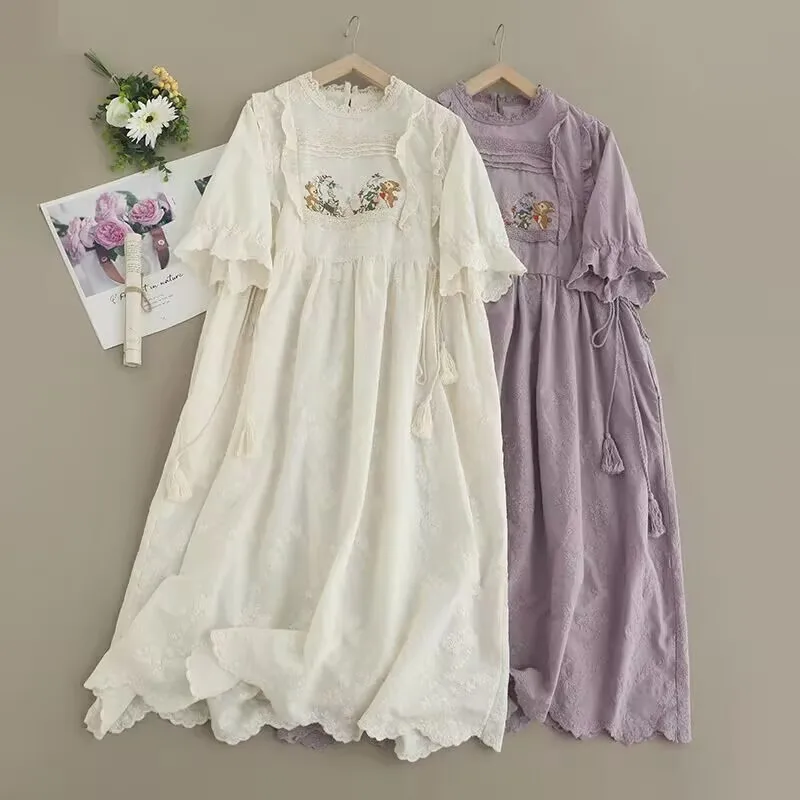 Cotton Embroidered Dress Short Sleeve Solid Color Women Summer Dress Japan Mori Girl  Vestidos