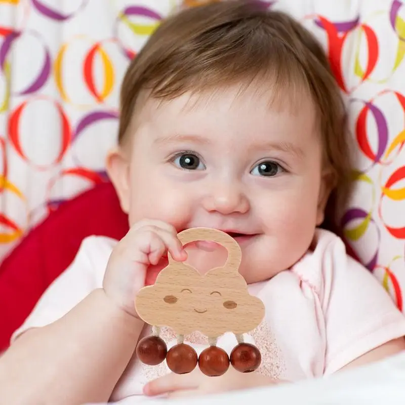 Sonajero de madera Natural para niños, campana de mano, diseño de nube, juguete mordedor de 0 a 3 meses, sonajero para masticar para niños, juguete sin pintura