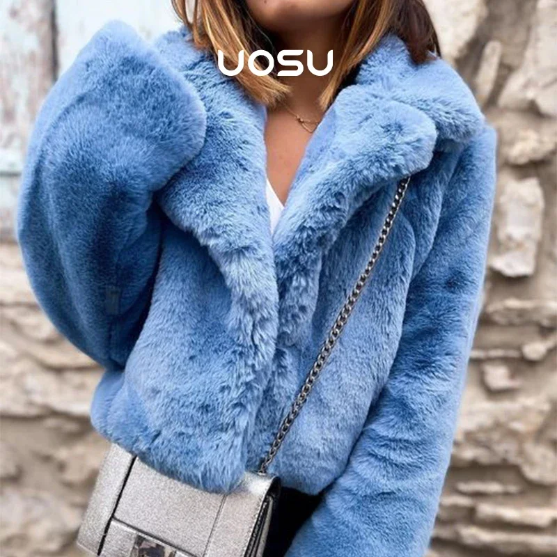 Blue Cropped Plush Fur Coat Women Ins Chic Street Fashion Girls Winter 2023 New Trend Faux Rabbit Fur Jacket Coats Short Outwear