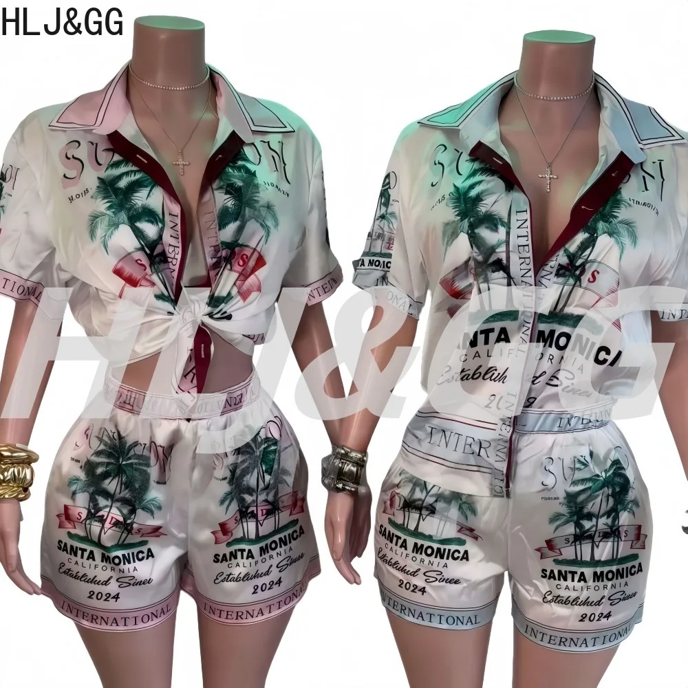 

HLJ&GG Fashion Coconut Tree Retro Pattern 2 Pieces Set for Woman Short Sleeve Lapel Top + Shorts Matching Suit Female Streetwear