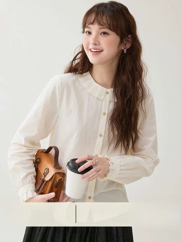 

Оригинальный хлопковый топ AMUU с кружевной отделкой, плиссированный, с круглым вырезом и длинными рукавами, для женщин, новинка ранней весны, из чистого хлопка