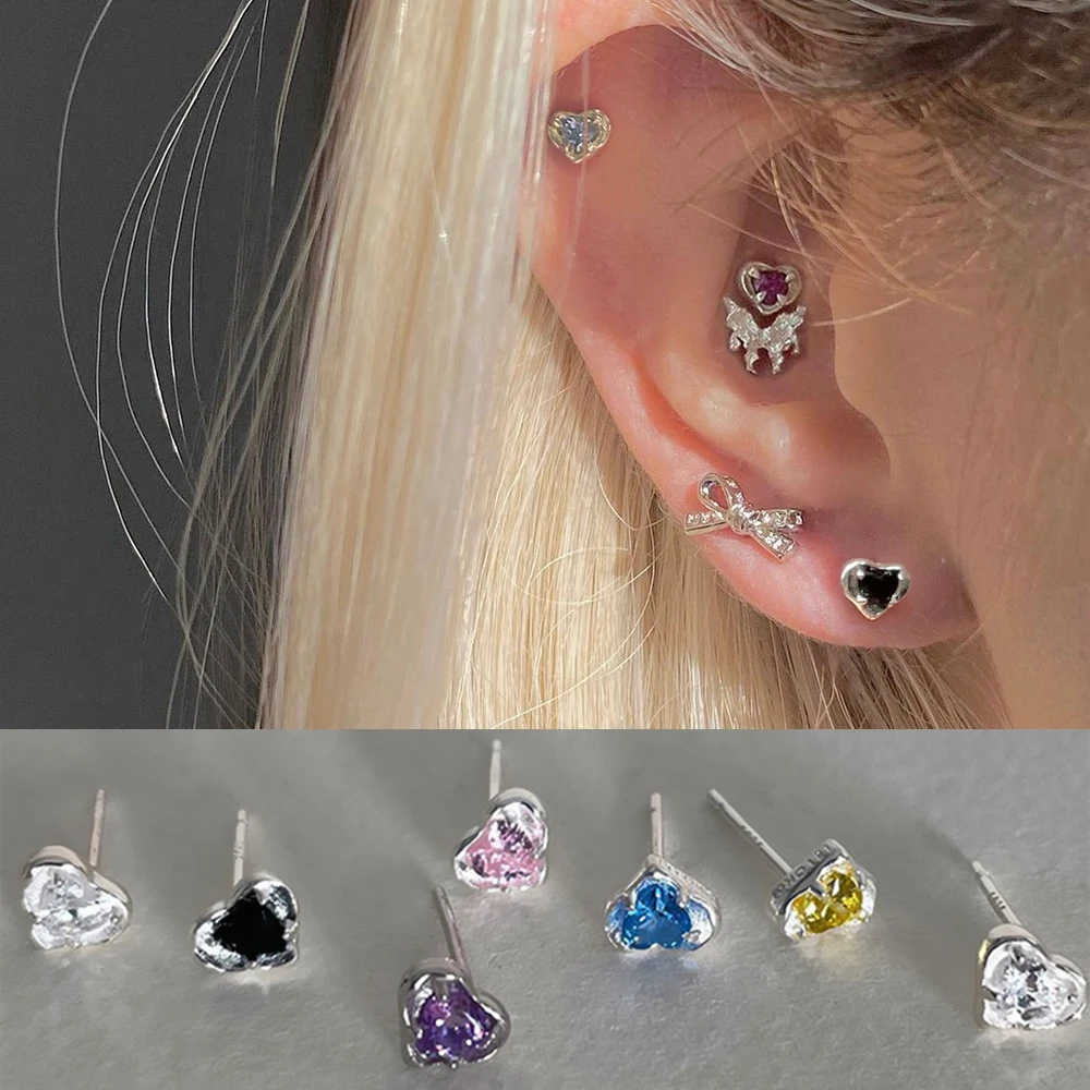 Multicolor Heart Shaped Zircon Stud Earrings for Women Silver Color Cartilage Daith Lobe Piercing Ear Accessories Jewelry KAE249