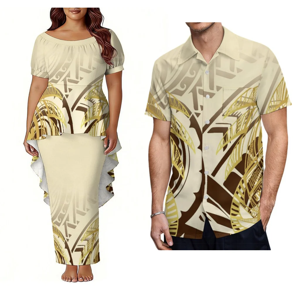 

Новый дизайн: комплект в стиле островной культуры — мужская рубашка алоха и женское платье пулетаси с принтом «Тихоокеанские острова». Элегантная одежда.