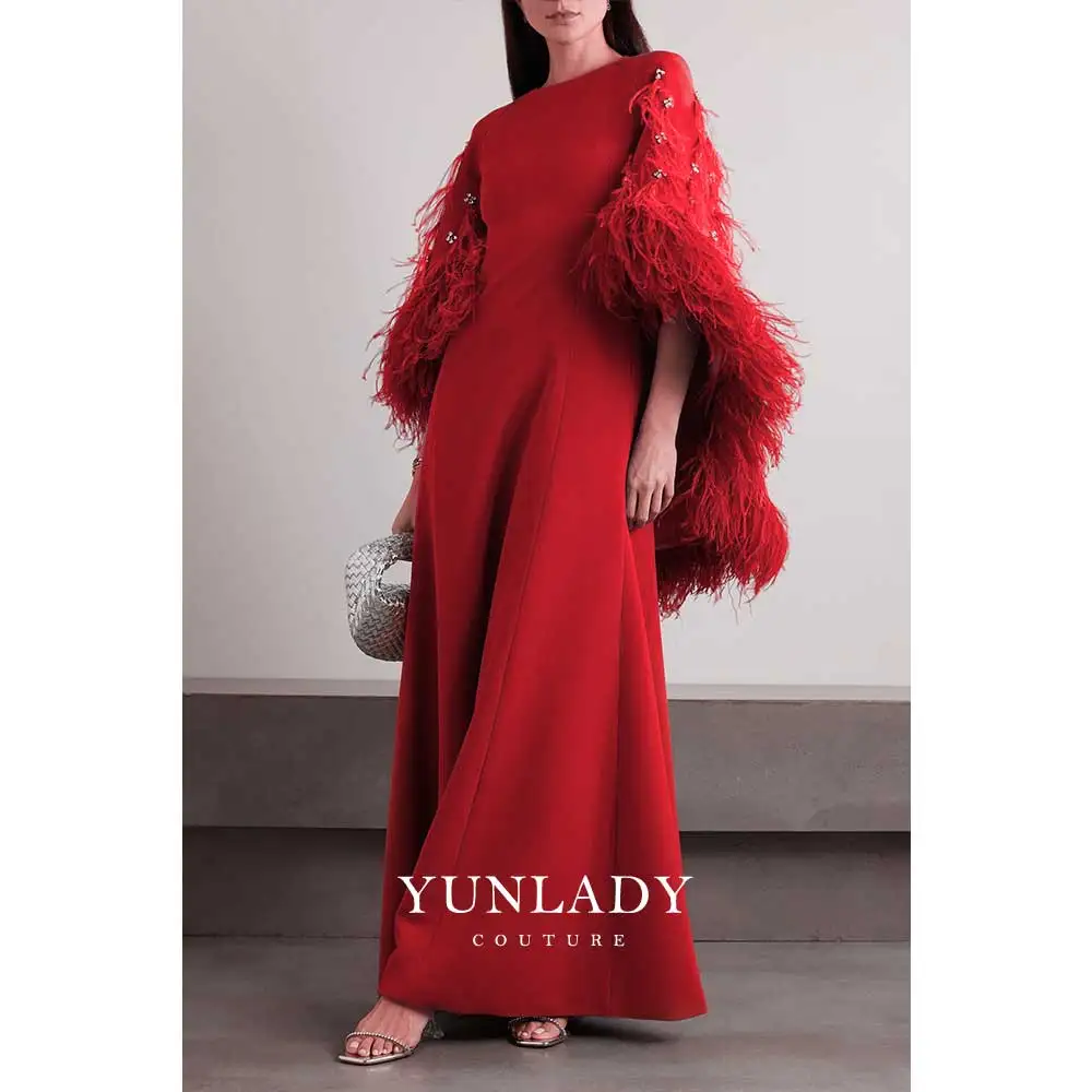 

YUNLAN Dubai Luxury Red Feather Cape Boat Neck Ball Gown Saudi Arabia Women's Special Occasion Crystal Beaded Evening Dress