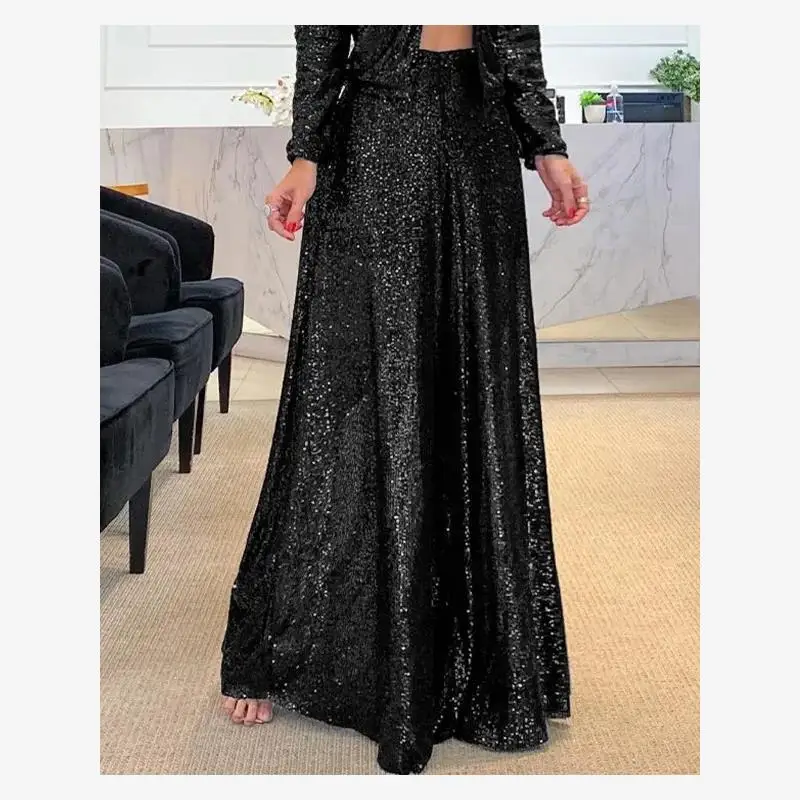 Shiny Dancing Women's Wide Leg Long Pants High Waist Skirt Fashionable Autumn  Commute Style Metal Mixed Fiber Polyester