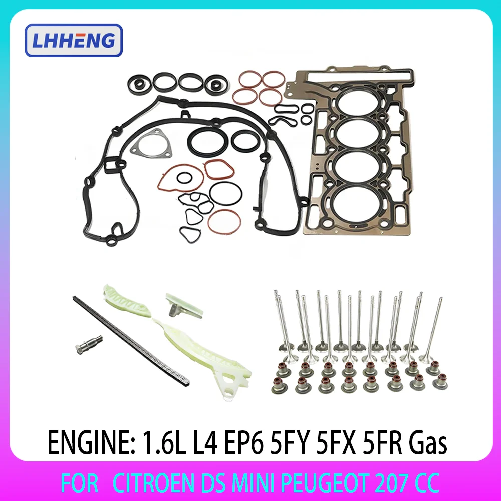 Conjunto completo de junta de motor, corrente de distribuição e kit de válvula para citroen ds mini peugeot 207 cc 1.6l 1.6 l t l4 ep6 5fy 5fx 5fr gás 07-18