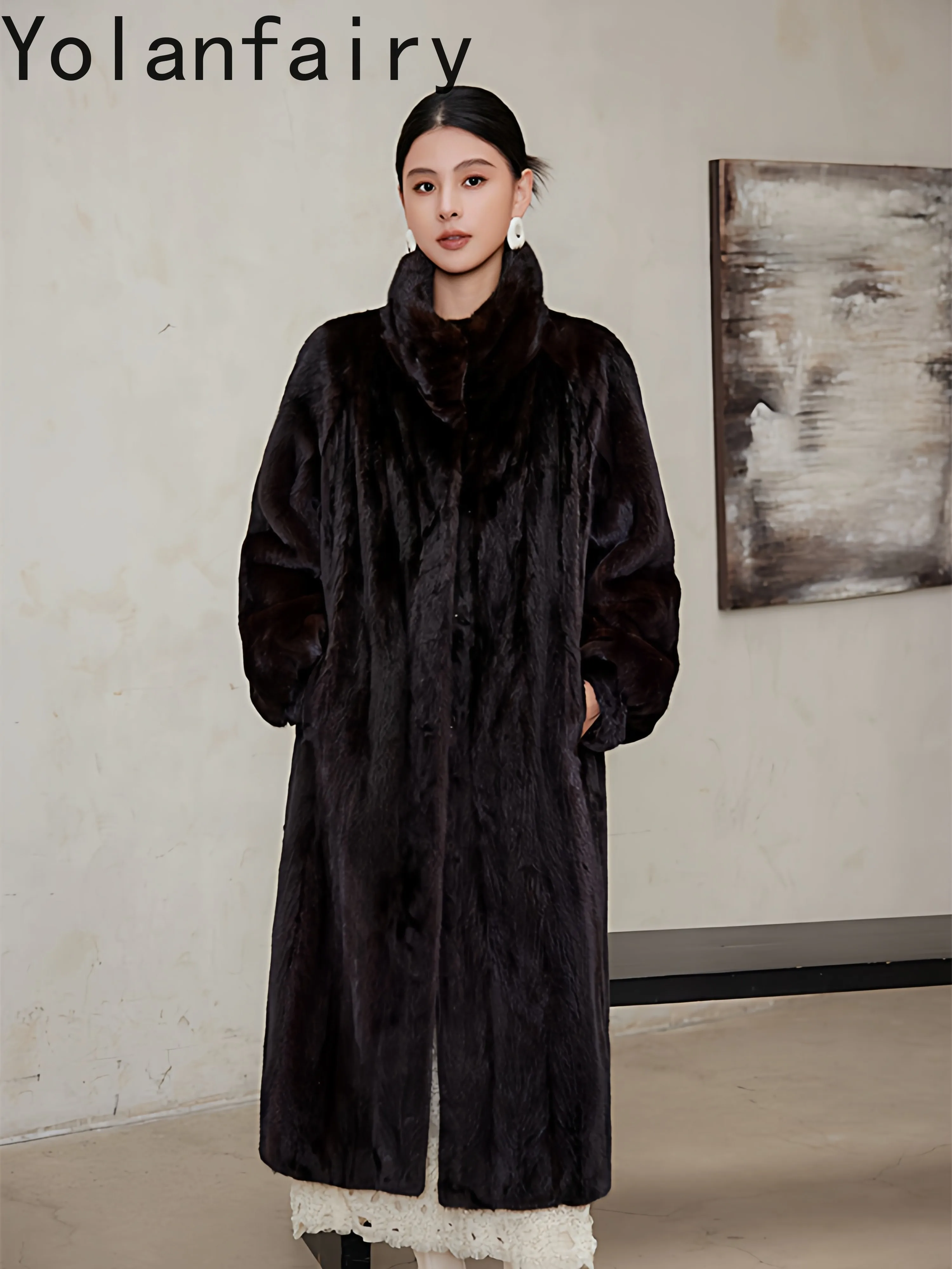 YOLANFAIRY 고급 천연 모피 코트 여성용 럭셔리 겨울 진짜 밍크 퍼 자켓 롱 따뜻한 모피 코트 아브리고 무헤르