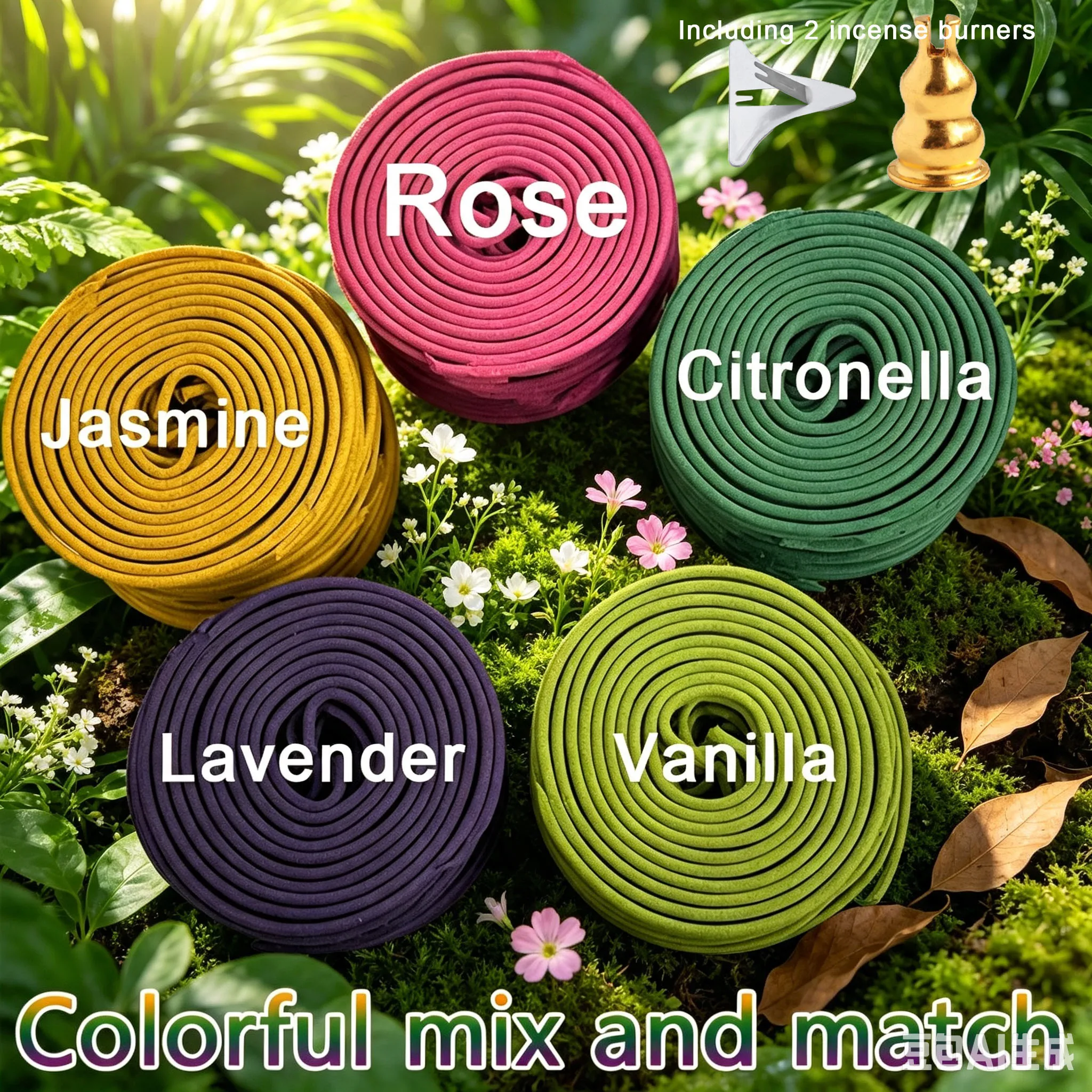 50/100 Lemon-Scented Spiral Incense Sticks with 2 Incense Holders, the Best Gift Choice, a Mix of 5 Fragrances: Lemon, Vanilla, Lavender, Rose, Jasmine, Burns for 3-4 Hours, Used for Clearing Negative Energy