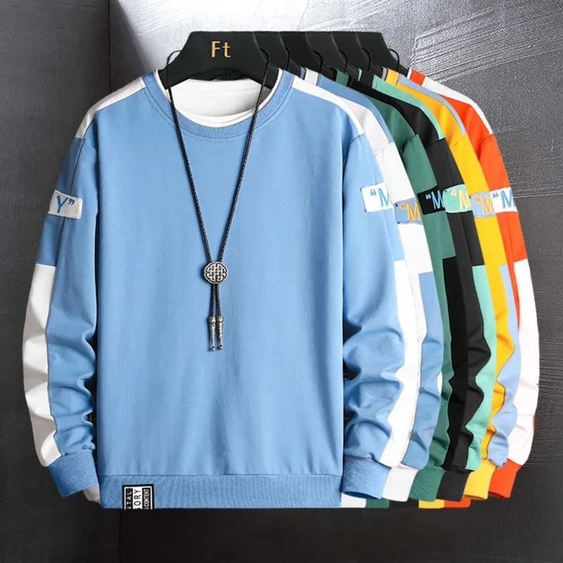 Sweatshirts for Men No Hood Stylish Sweatshirts Hip Hop Color Block Slim Fit Sweatshirts Teen Boy Fashion Trends High Street