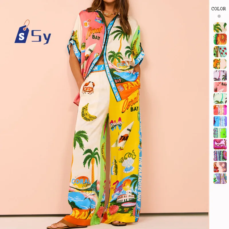 

Sy Summer Fashion Print Two Piece Set Women Sexy Polo Collar Long Sleeved Shirt Long Pants Casual Loose Two Piece Set