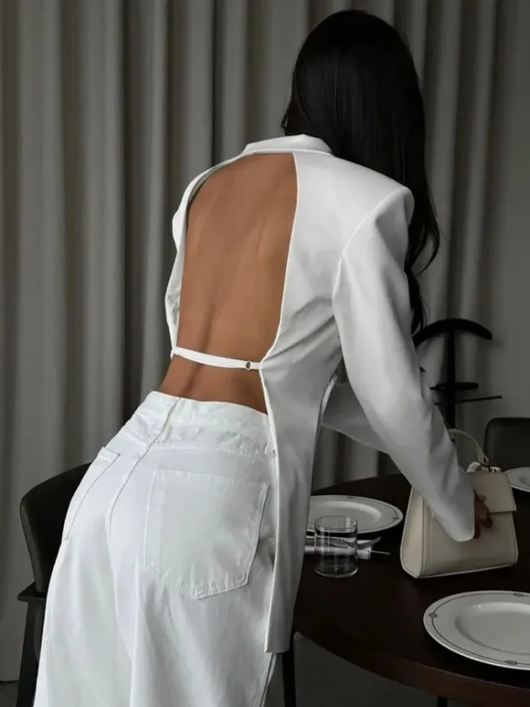 بدلة نسائية أنيقة بدون ظهر باللون الأسود 2025New ربيعية أنيقة بأكمام طويلة مغطاة بأزرار مفرغة سترات بيضاء معطف ملابس خارجية #5