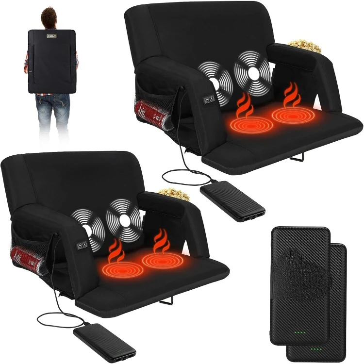 Stadium Seats Pack of 2, 25 Inche Folding Bleacher Chair with 10000mAh Portable Power*2, 3 Levels of Heat&Massage, 6 Reclining