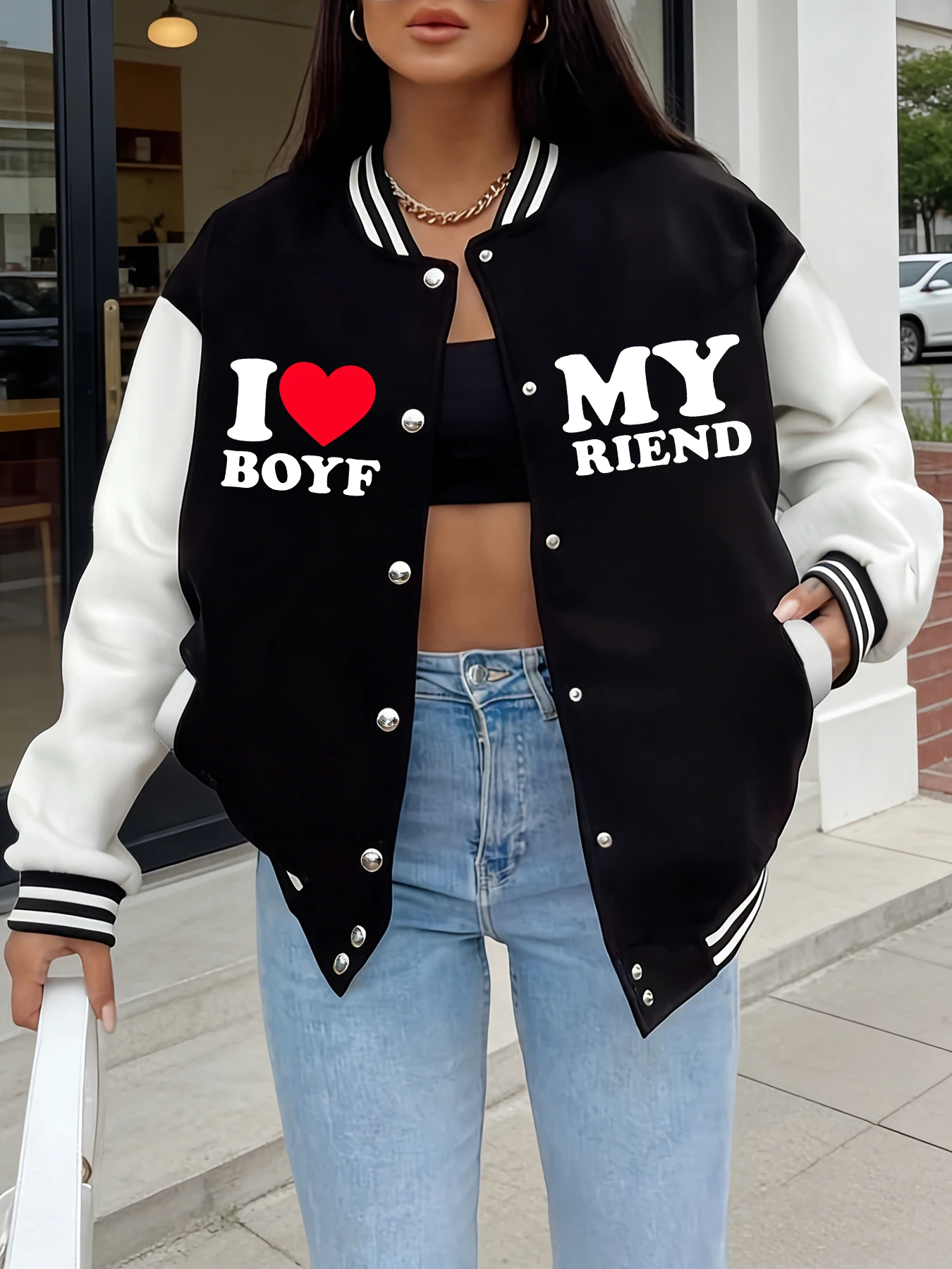 

Oversized Varsity Jacket Women "I Love My Boyfriend" Print Casual Fashion Baseball Coat Street Style Outerwear Freece Clothing