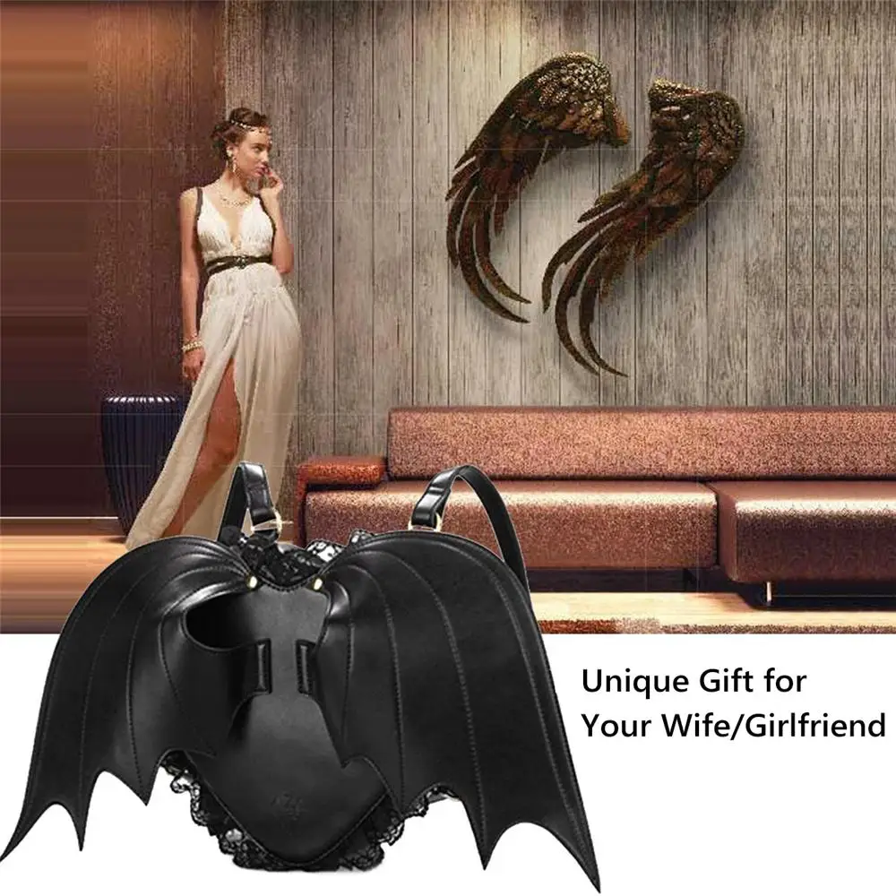 Mochila Halloween Bat Wings para mulheres, alça de ombro ajustável, couro PU, anjo preto, coração, bolsa Lolita