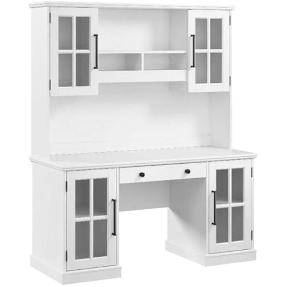

White Ash 60W Farmhouse Style Computer Desk with Hutch and Storage for Home Office